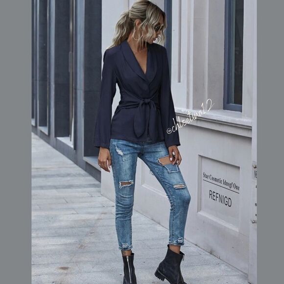 Women's V Neck Blazer Jacket Self Tie Knot Navy Blue or Khaki - Picture 4 of 10